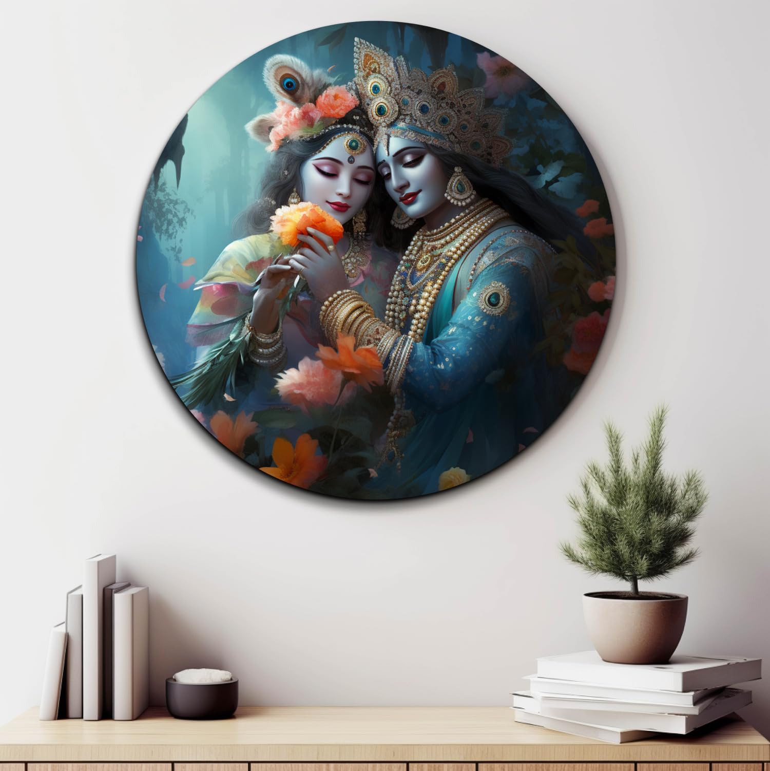 Chalk My Theme Beautiful Radha Krishna Murti, Radha Krishna Photo Frame, Radha Krishna Wall Decor, Round Wood Print Wall Art Pai
